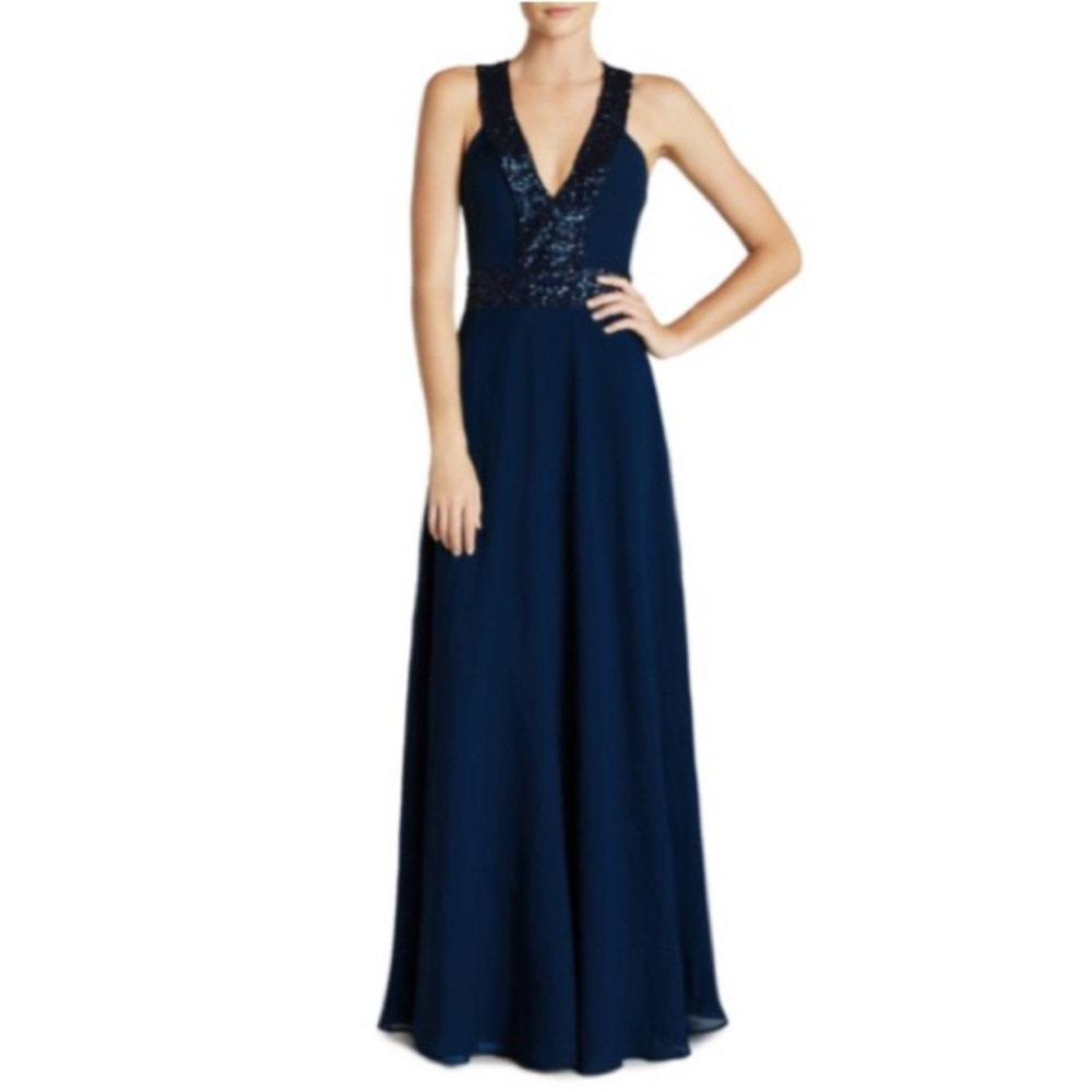 Blue Racerback Sequin & Crepe Chiffon Gown